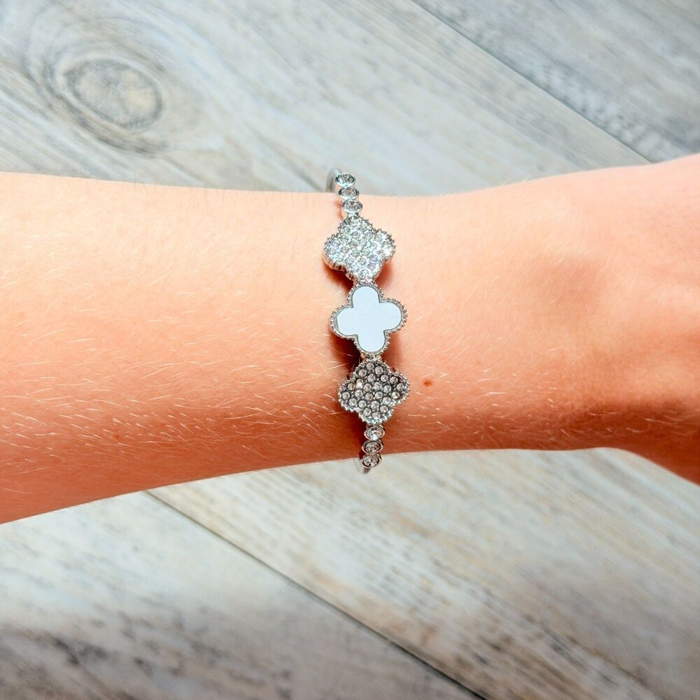 Silver Tone Quatrefoil Clover Rhinestone Cuff Bracelet Y2K Glam Statement Jewelr